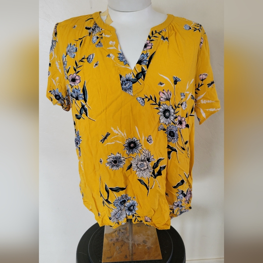 OLD NAVY Women's Yellow Floral Short Sleeve Shirt Blouse